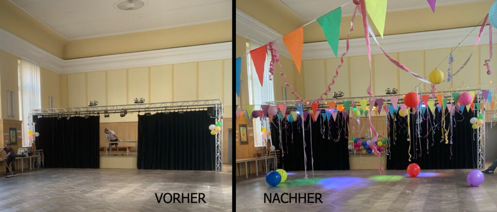 Geschmückte Aula vs. nicht geschmückte Aula
